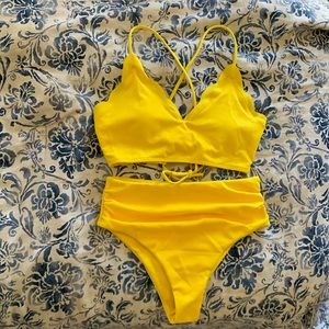 Yellow Bikini with scalloped top and ruched bottoms